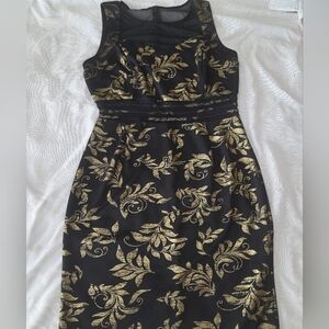 Enfocus Studio Black W/ Gold Floral Design Dress Midi Mesh Neck & Waist Sz 14